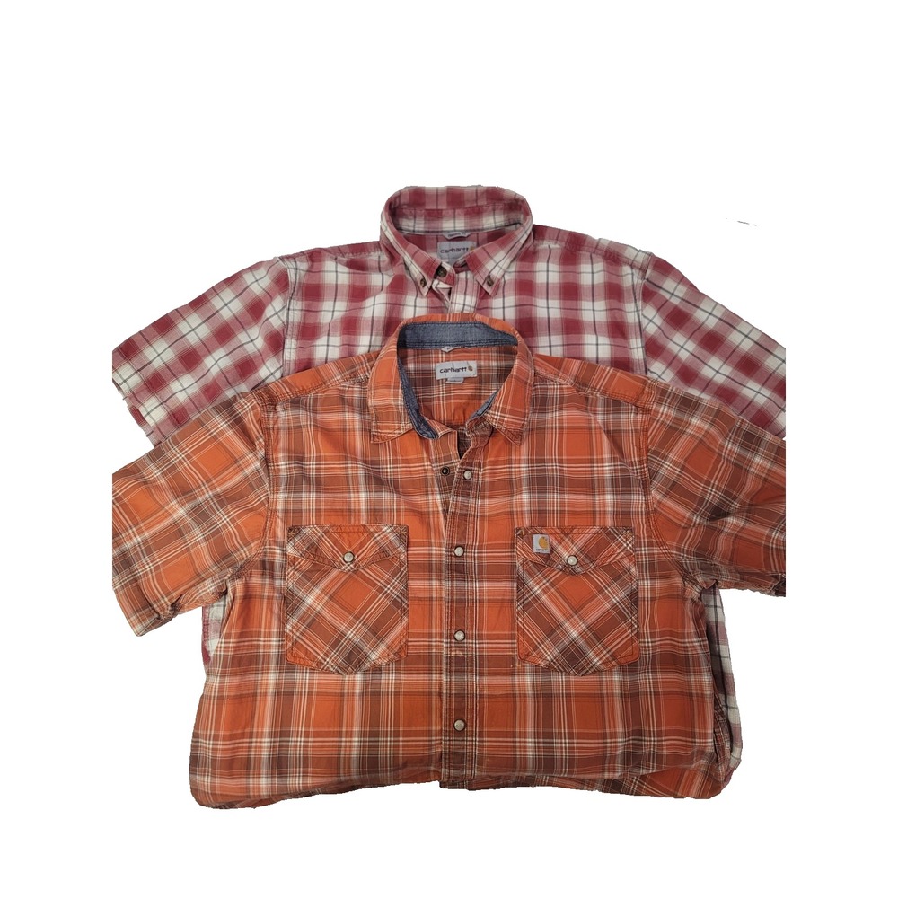 Carhart button up shirt short sleeve plaid lot of 2 large pearl buttons on one